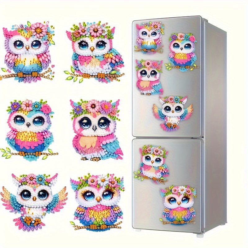 TEMU 2d/flat, 6pcs Owl Diamond Painting Fridge Magnets, Christmas Gift, Beginner-friendly Fridge Decor, Ideal Holiday Decoration