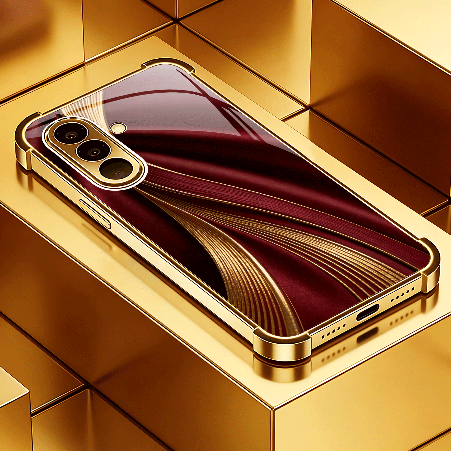 TEMU Phone Case: New Wine-red Wine-red With Gilded Luminous Streamer Pattern, Electroplated Four-corner Drop-proof Glass Phone Case. Suitable For
