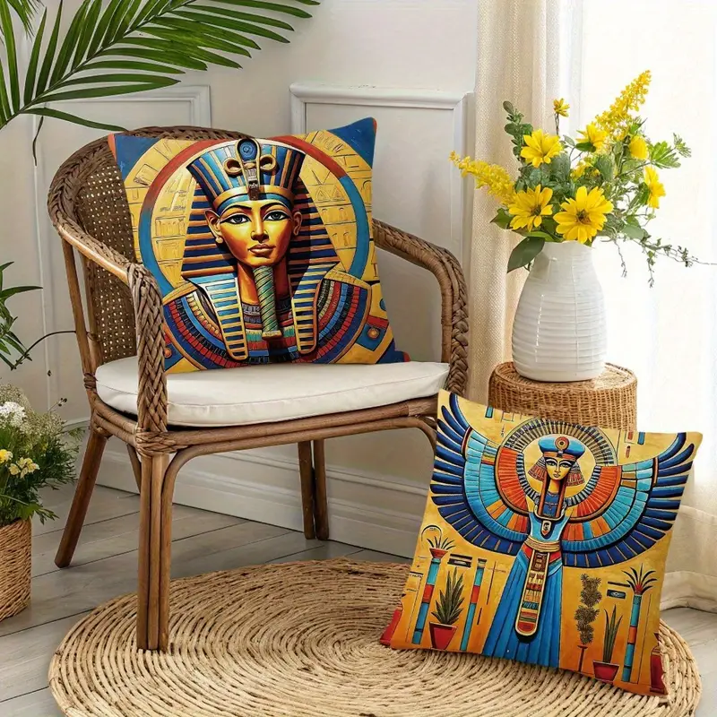 4pcs egyptian themed decorative pillow covers double sided printed polyester with zipper closure vibrant ancient eyes of horus for living room bedroom sofa decor machine washable pillow covers for living room bedroom accessories egyptian pattern artistic detailing Product details 4