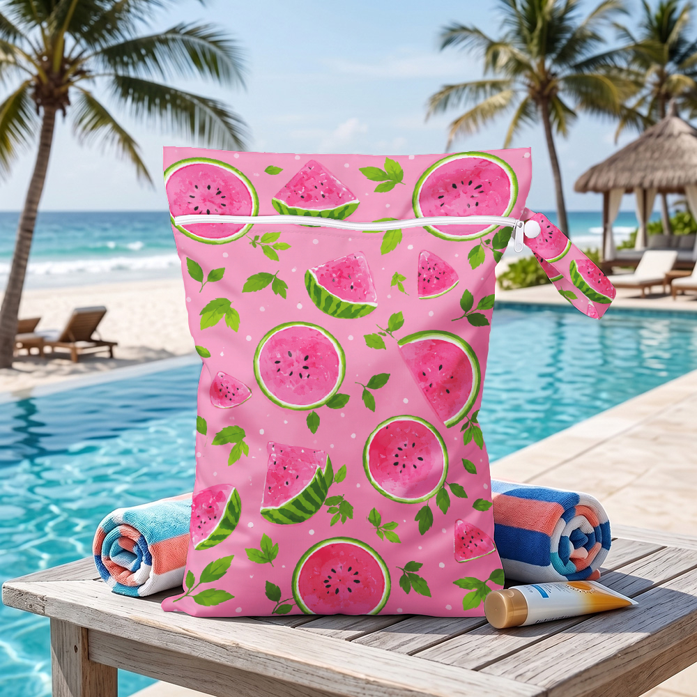 TEMU 1pc Pink Watermelon Fruit Leaf Print Wet Dry Bag, Swim Pouch, Beach Pool Travel Gym Laundry Cosmetic Storage Hand Bag