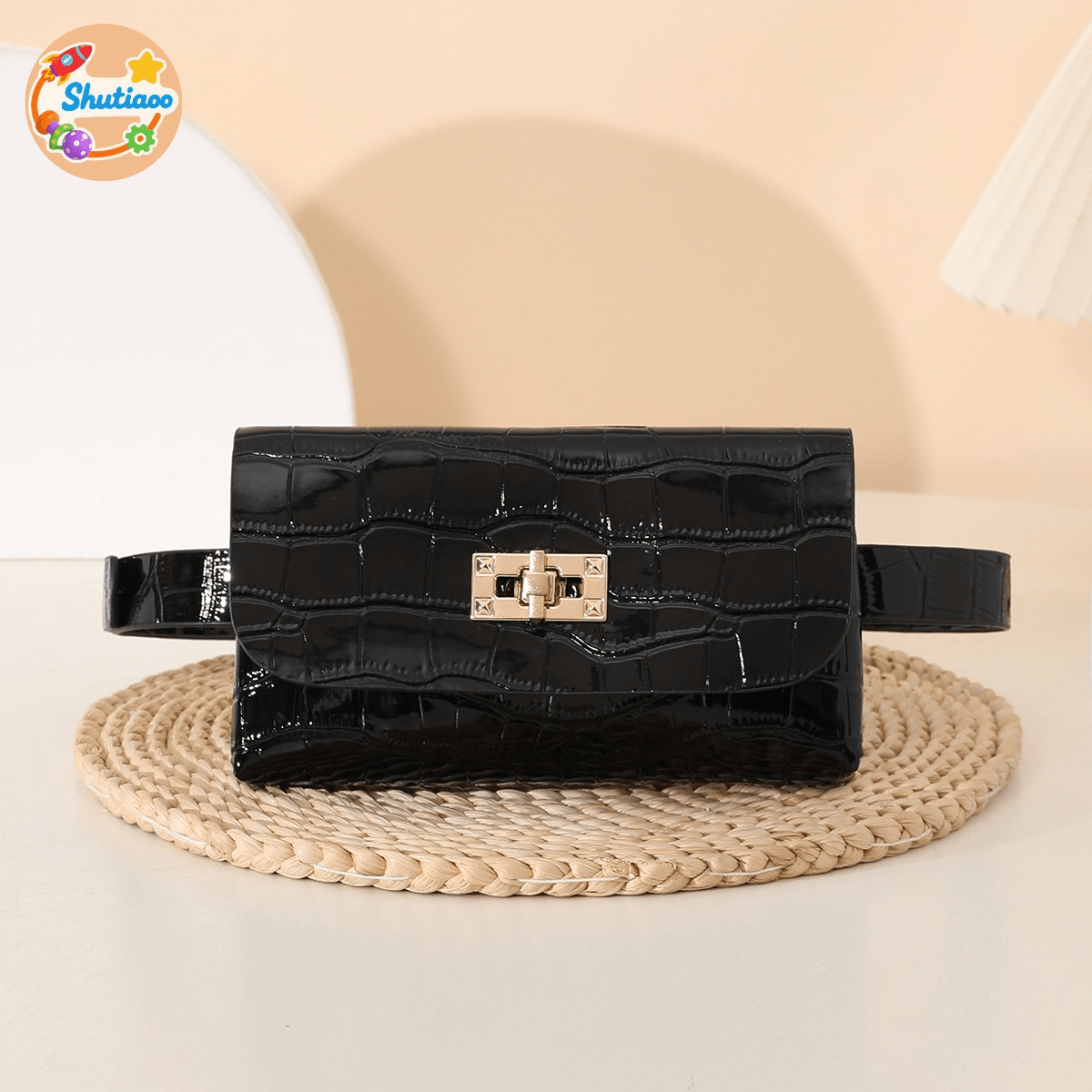 TEMU Women's Glossy Crocodile Pattern Belt Bag - Convertible Waist & Chest Crossbody Purse With Golden-tone Closure, Pack For Evening Party, Daily ,