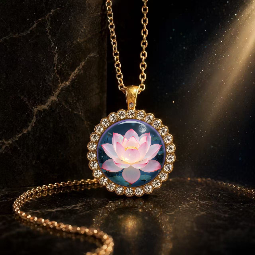 2D Design Pink Lotus on Blue Background Pendant Necklace
