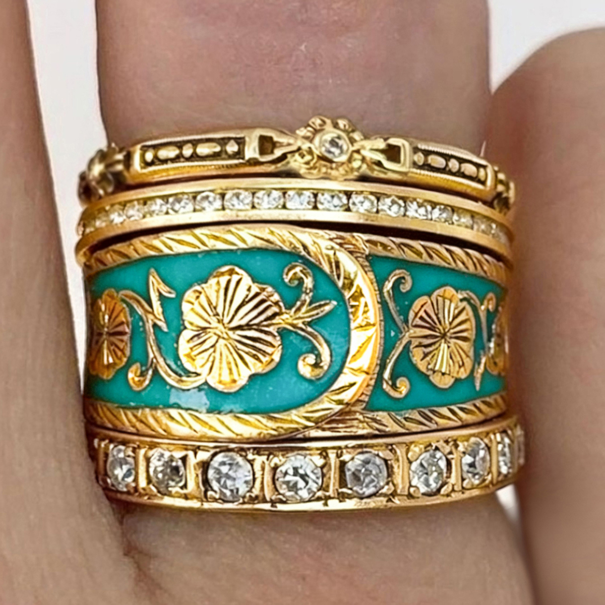 Women's Vintage Red Enamel Flower Wide Ring