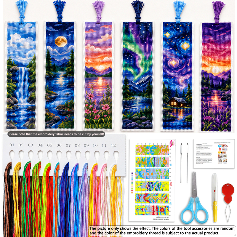 TEMU 1 Set Printed Cross- Bookmark Kit With 6pcs Bookmarks - Natural Gallery Set, Starry Sky Scenery Theme, Includes Aurora, Mountains And Rivers,