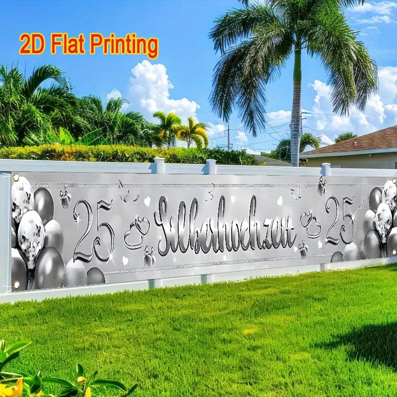 TEMU 2d Flat, 2d Flat 1pc, 25th Anniversary Fence Banner, Silvery Wedding Background Decoration Courtyard Banner, Outdoor Lawn And Wall Decoration,