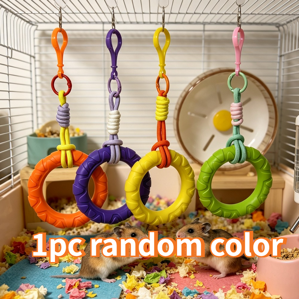 TEMU 1pc Random Color Hanging Ring Hamster Toy With Chewable Rope Swing & Climbing Accessory - Durable Cage Exercise Gym Suitable For Hamsters, Rats,