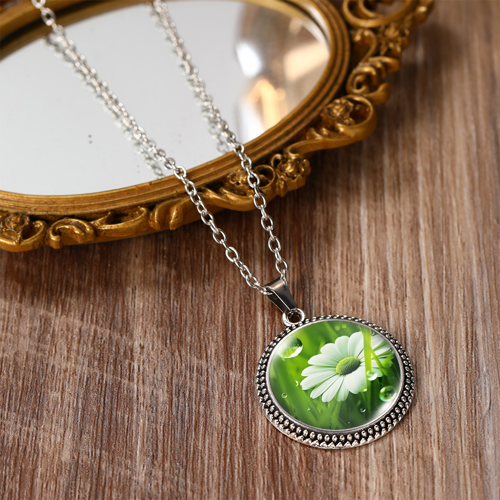 Waterdrop Daisy Illustration Pendant Necklace, Trendy Gift