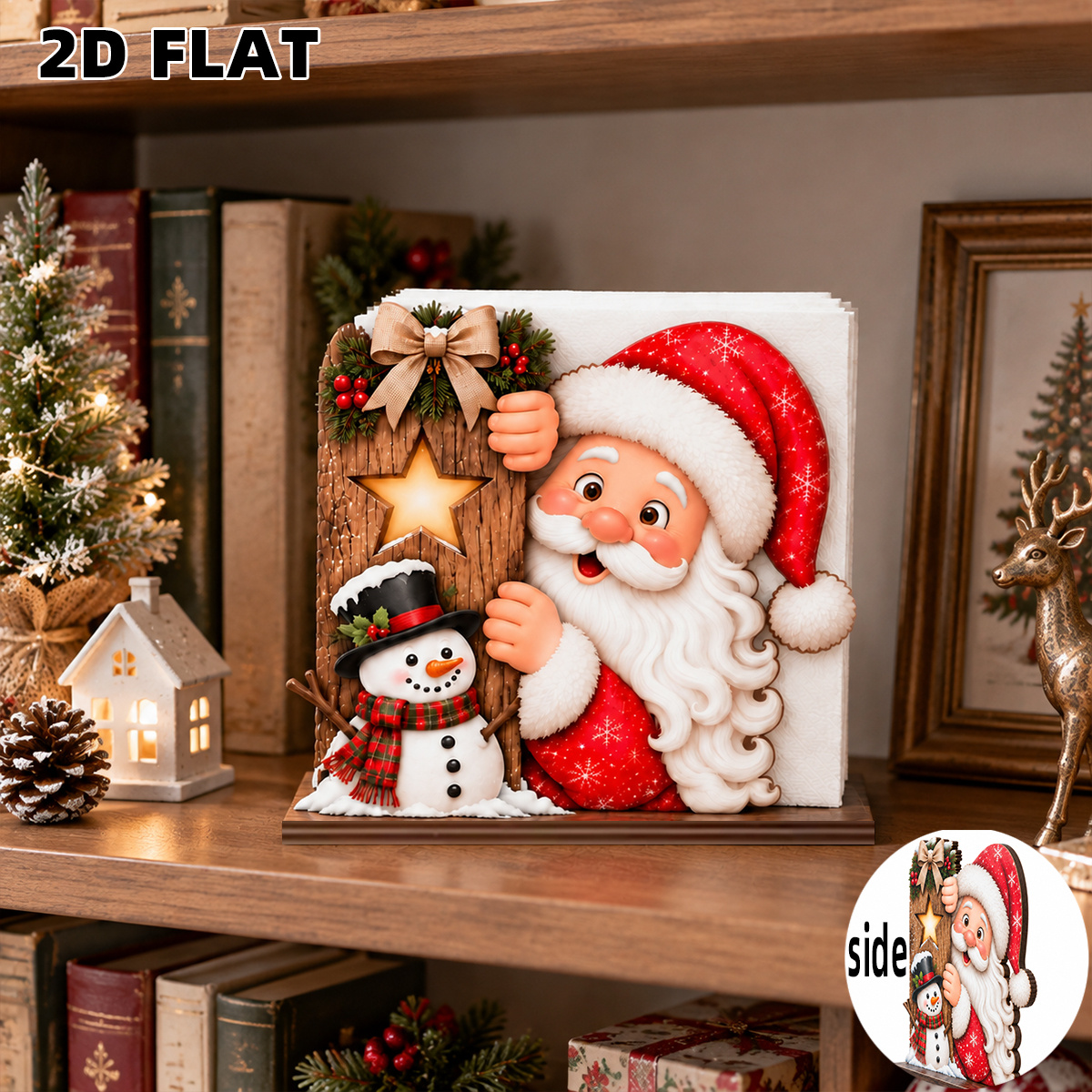 TEMU 1 Set 2d Flat Christmas Wooden Decor Plaque, Peeking Santa And Snowman Pattern, Rustic Farmhouse Style, Wooden Napkin Holder For Napkin Storage.