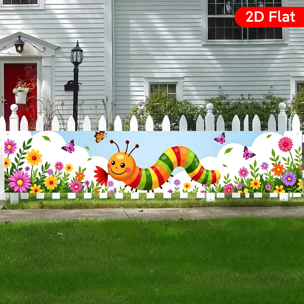 TEMU Plat 2D, 1 pièce plate 2D, Coloré pour CATERPILLAR dans un buisson de fleurs, Bannière de grande taille pour cour avec un motif, Fête