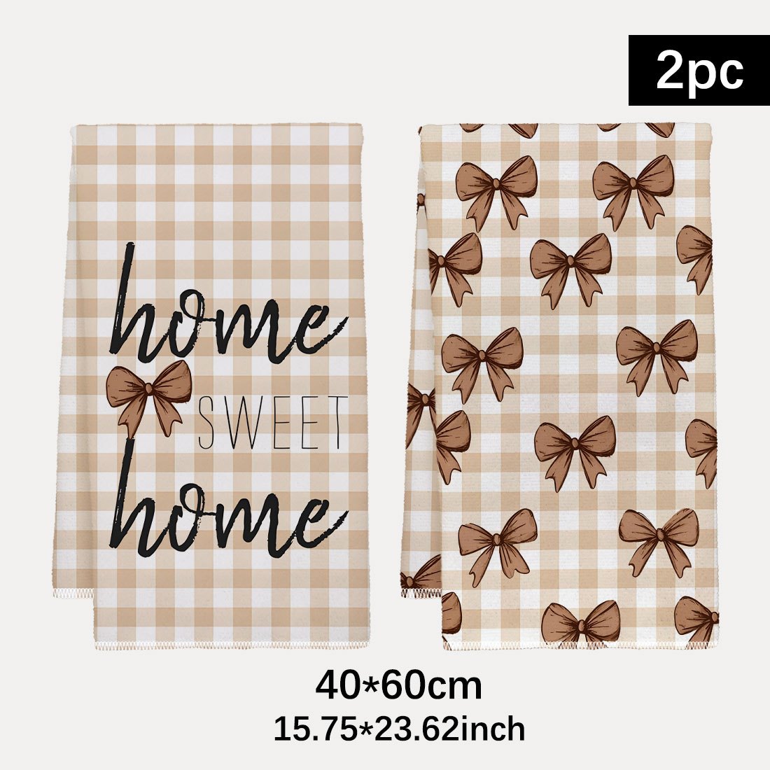 TEMU Lot de 2 chiffons de nettoyage et torchons de cuisine, motif imprimé nœud à carreaux beige Home Sweet, style de ferme rustique, chiffon