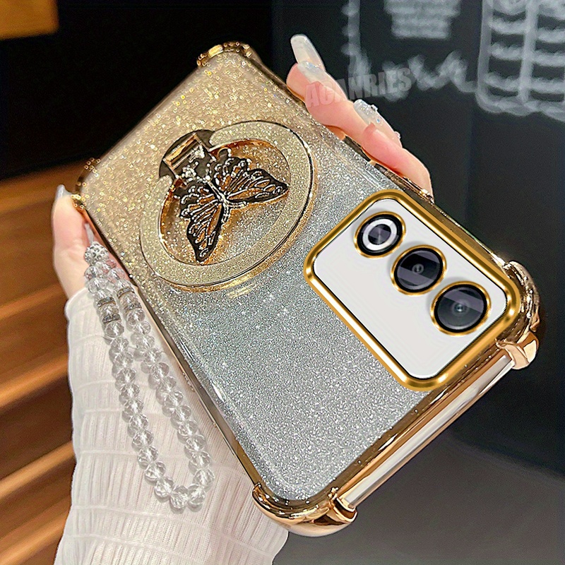 TEMU Phone Case: Clear Lanyard Chain Bracelet Plating Stand Holder Case For Oppo A80 5g Gradient Glitter Shockproof Protection Soft Back Cover