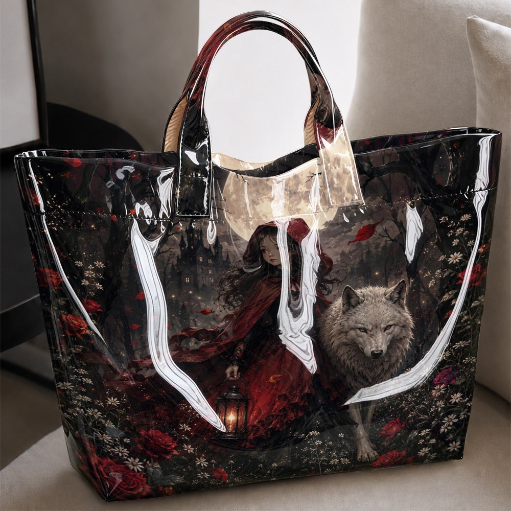Image of Dark Print Tote Bag, And Wolf And Moon And Castle And Large Capacity Glossy Handbag, Mystical Casual Shoulder Bag For Halloween