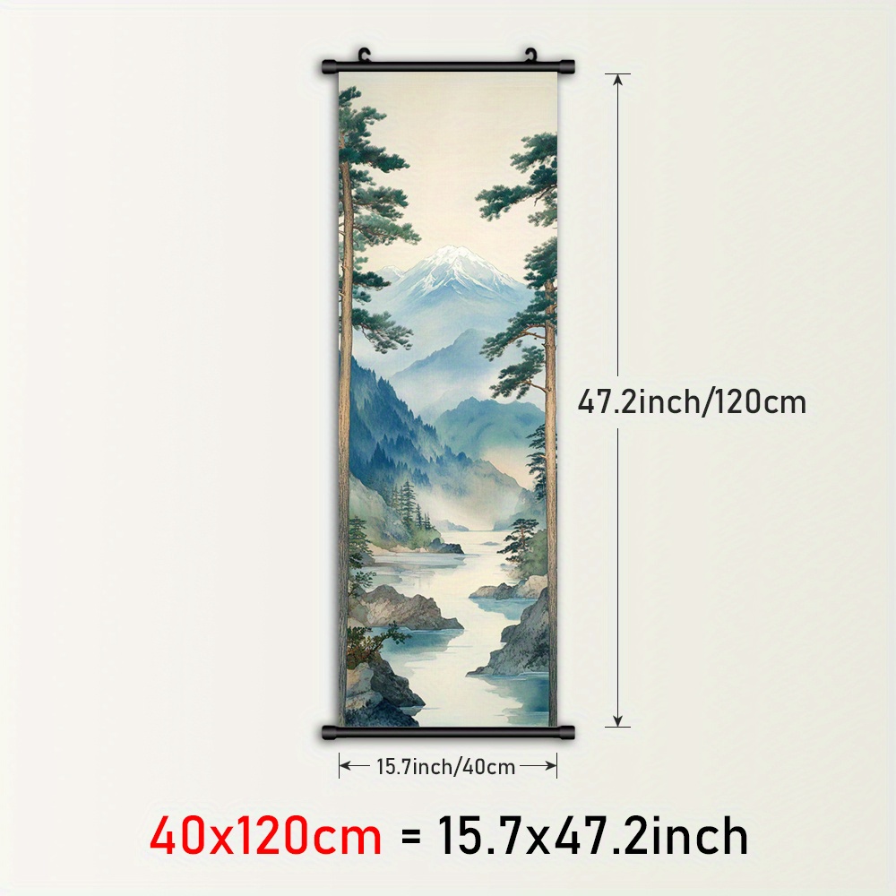 TEMU 2d Flat, 2d Flat, 1pc A Framed Scroll Poster Featuring A River, Mountain Canvas Art, Japanese- Decoration, Misty Plastic Scroll Painting, Images