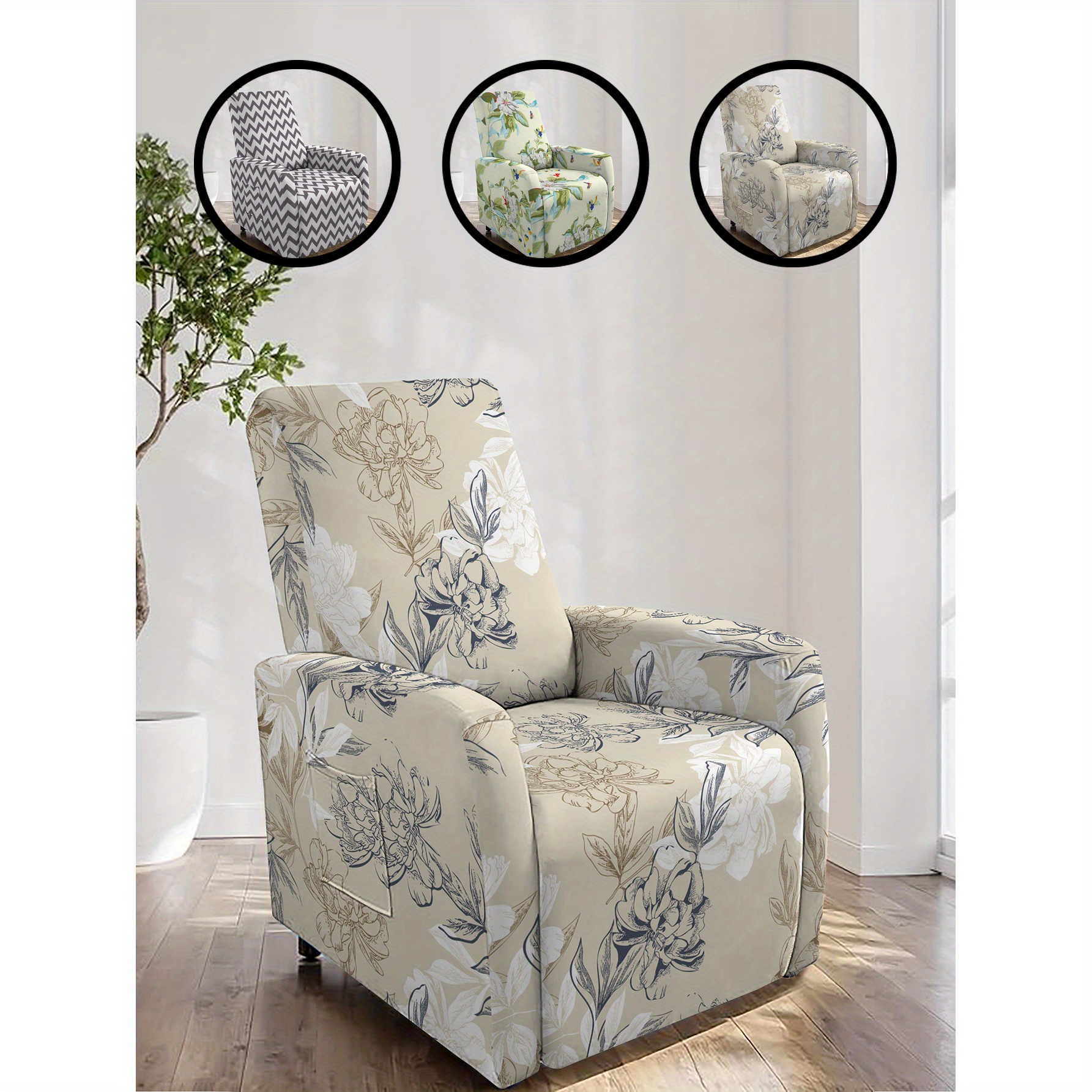 4pcs Stretchable Floral Print Recliner Chair Covers Thickened Polyester  Slipcover for Single Seat, Elastic-Band Closure, Machine Washable, Contempor