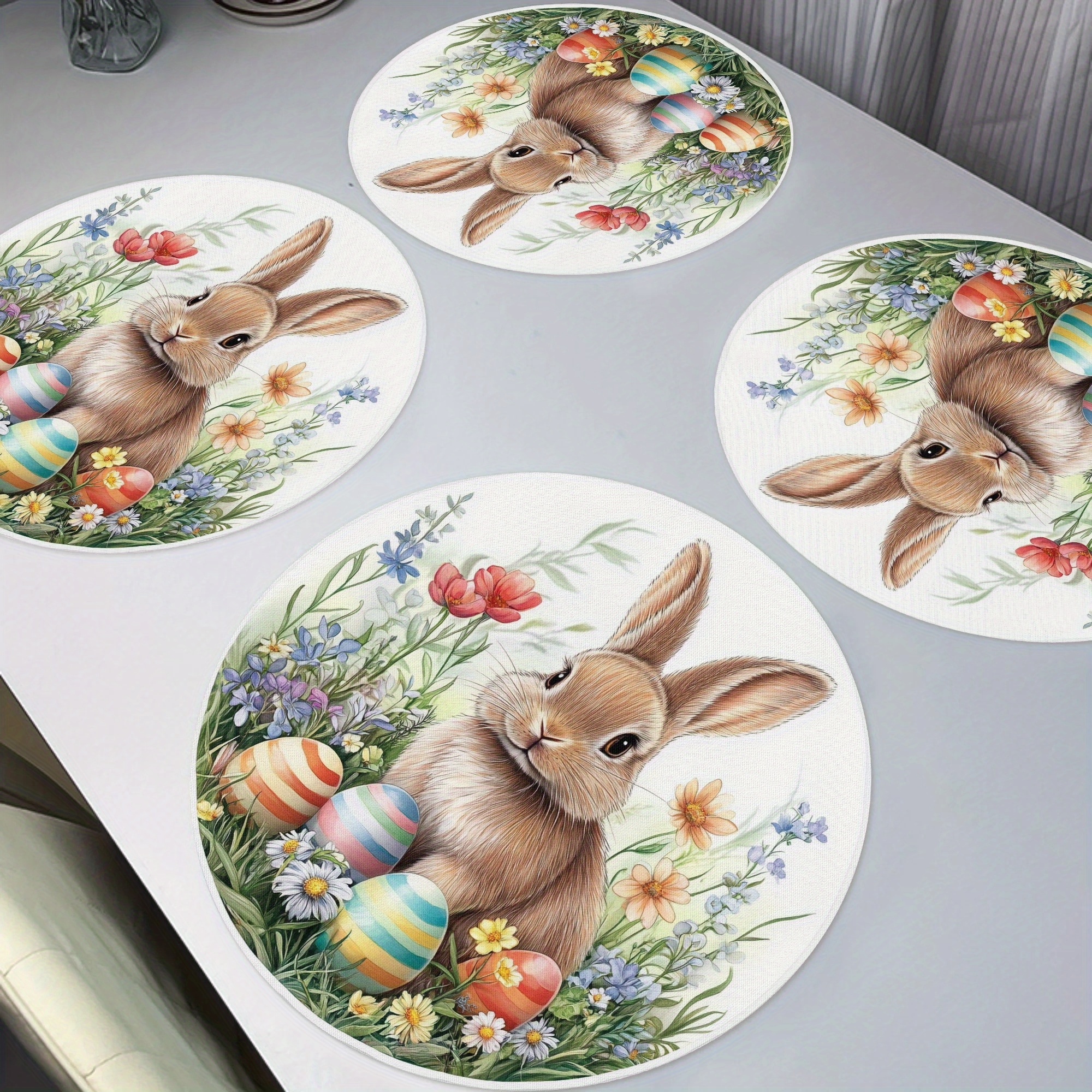 TEMU 4pcs Spring Easter Rabbit Placemats - Colorful Floral , Non-slip Round 15 Inch Polyester Table Mats For Banquet Party Dining Decor, Hand Wash Only, Seasonal Home Decor, , Festive , Festive