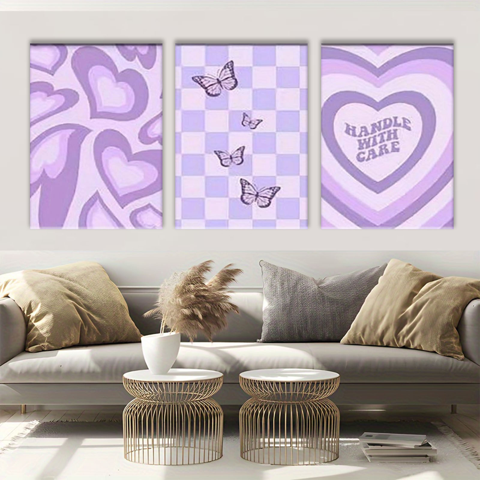 2D 3pcs, Art Deco Style Purple Pink Set, Danish Style Butterfly And Inspirational Quote Mural, Original Material, Suitable for General Home Decoration, Wrapped Canvas Painting