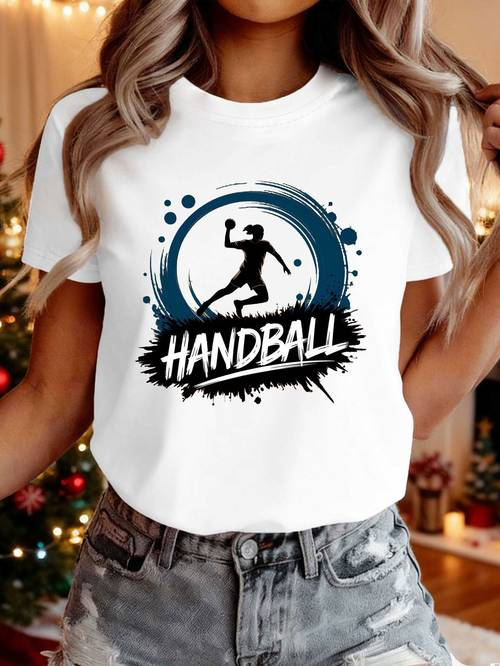 womens handball t shirt dynamic handball player silhouette suitable for spring summer short sleeve crew neck top casual wear for games everyday outfits machine washable handball apparel