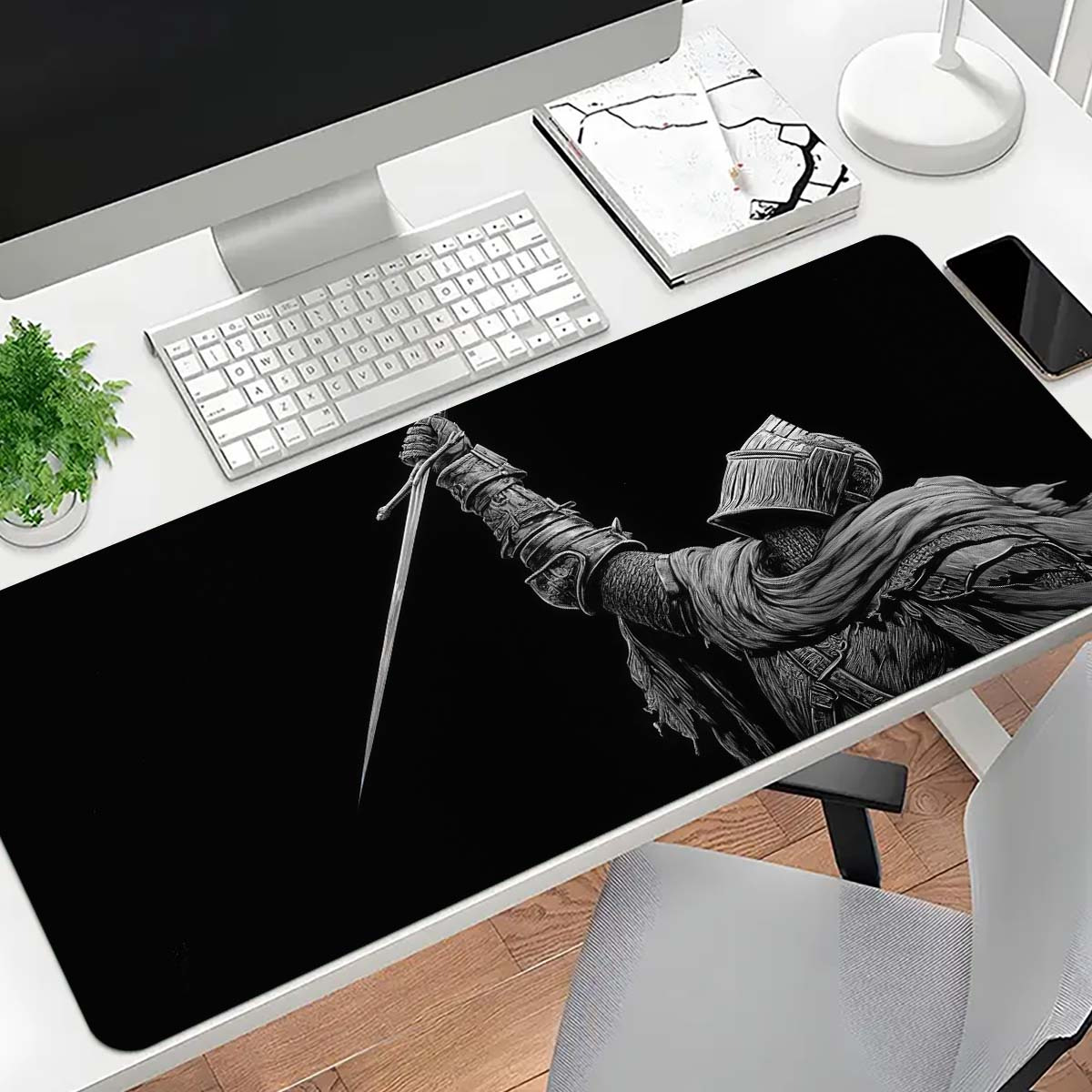 TEMU 1pc Extra Large Mouse Pad Laptop Keyboard Mat - Knight Black Gray Pattern - Hd Printed Desktop Protective Mat Gaming Accessory Decorative Desk