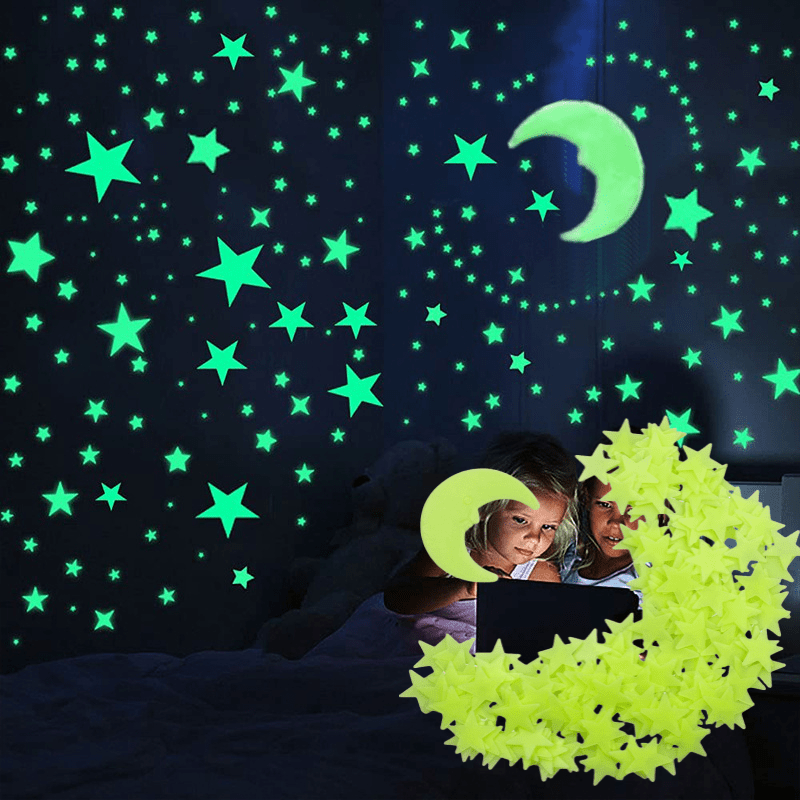 1Set (200pcs) of 3D Luminous Star And Moon Ceiling Stickers - Luminous, Reusable Bedroom Wall Decoration Stickers Decorations Suitable for Ramadan, Valentine'S Day, And Easter