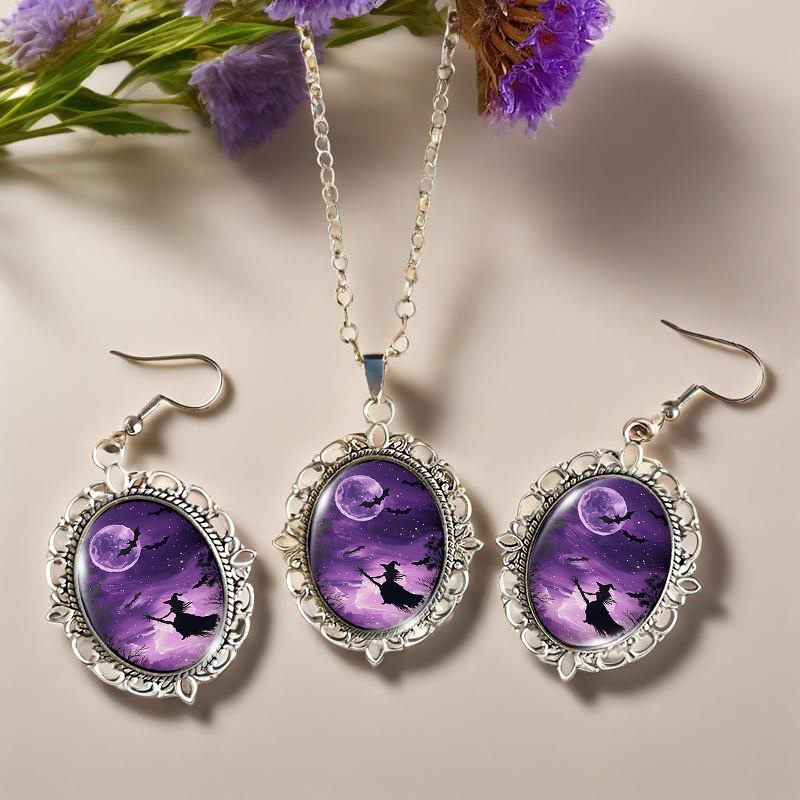 TEMU 3pcs Fashion Earrings And Necklace Additions Featuring Witch Patterns Riding Broomsticks In The Dark, With Lace Trim And Glass Jewelry Gift, For