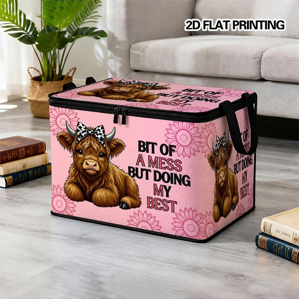 TEMU Hobby Pink Patterned Highland Cow Print Storage Box, Multi- , Suitable For Closet, Living Room, Office, Laundry Room, And Car Trunk For Storing