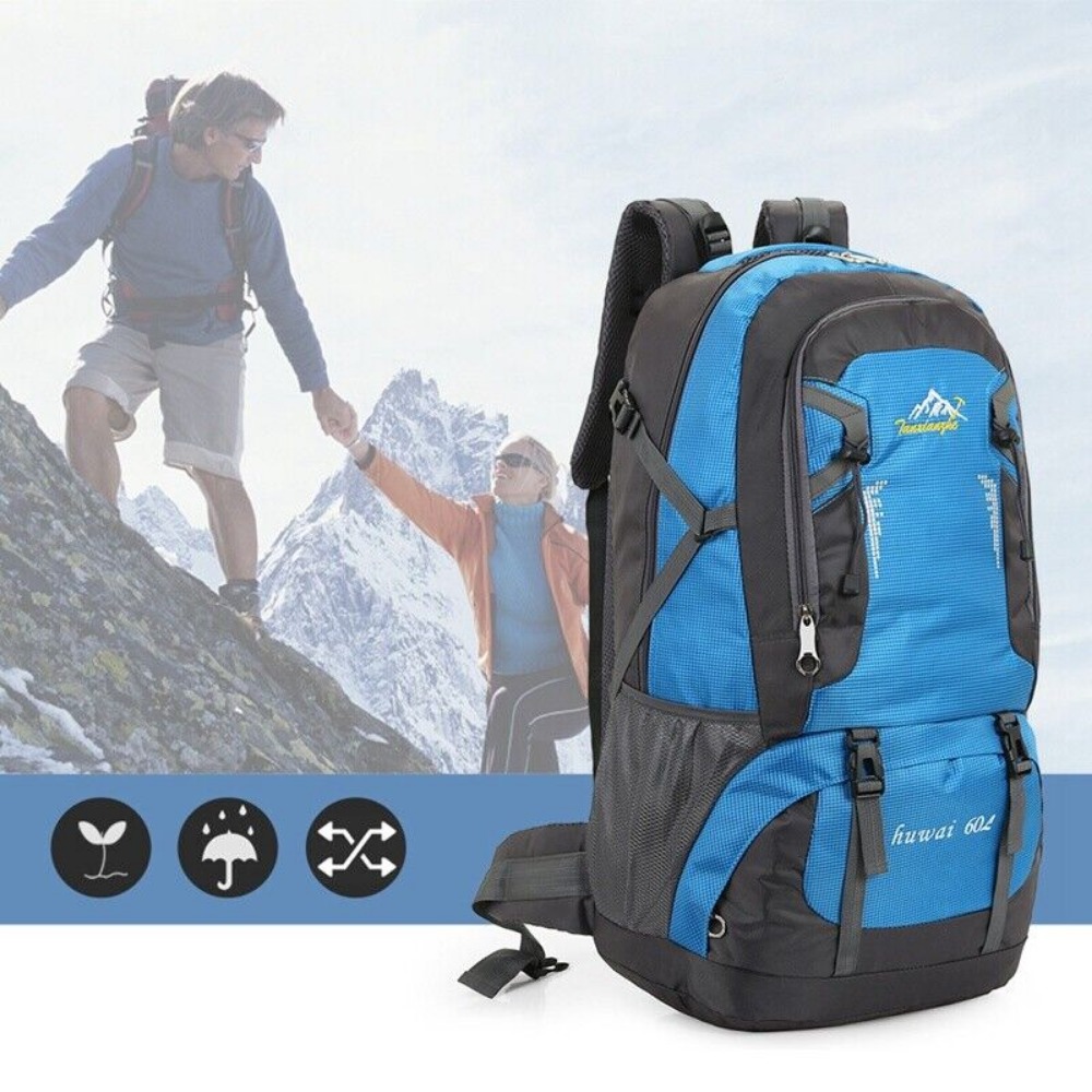 60l Backpack Hiking Backpack Camping Trekking Travel Backpack Blue Is Suitable For Travel, Camping, Hiking, Cycling, Trekking, And More.