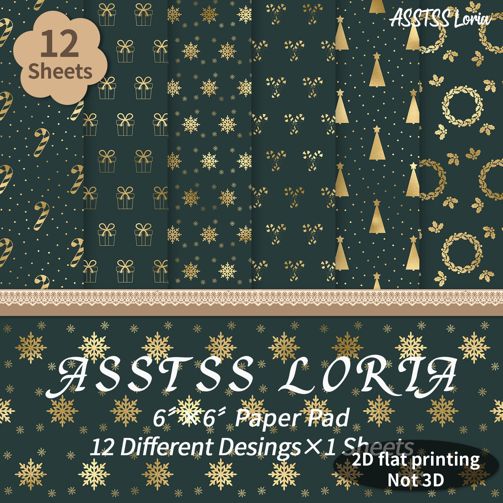 TEMU 12-sheet Asstss Loria 6x6 Inch Scrapbooking Paper Pad, Ink And Golden Christmas Plane/2d Backing Paper Supplies, Heavyweight Cardstock For