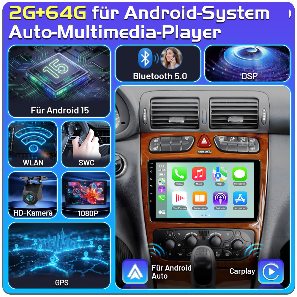 Image of For Benz Universal Car Stereo Compatible For -benz With & Auto, 9-inch 15 Gps Navigation, , Steering Wheel Control, Reversing Camera, Dvr System, Wifi Rds Fm Receiver, Dvr Camera + Car Frame