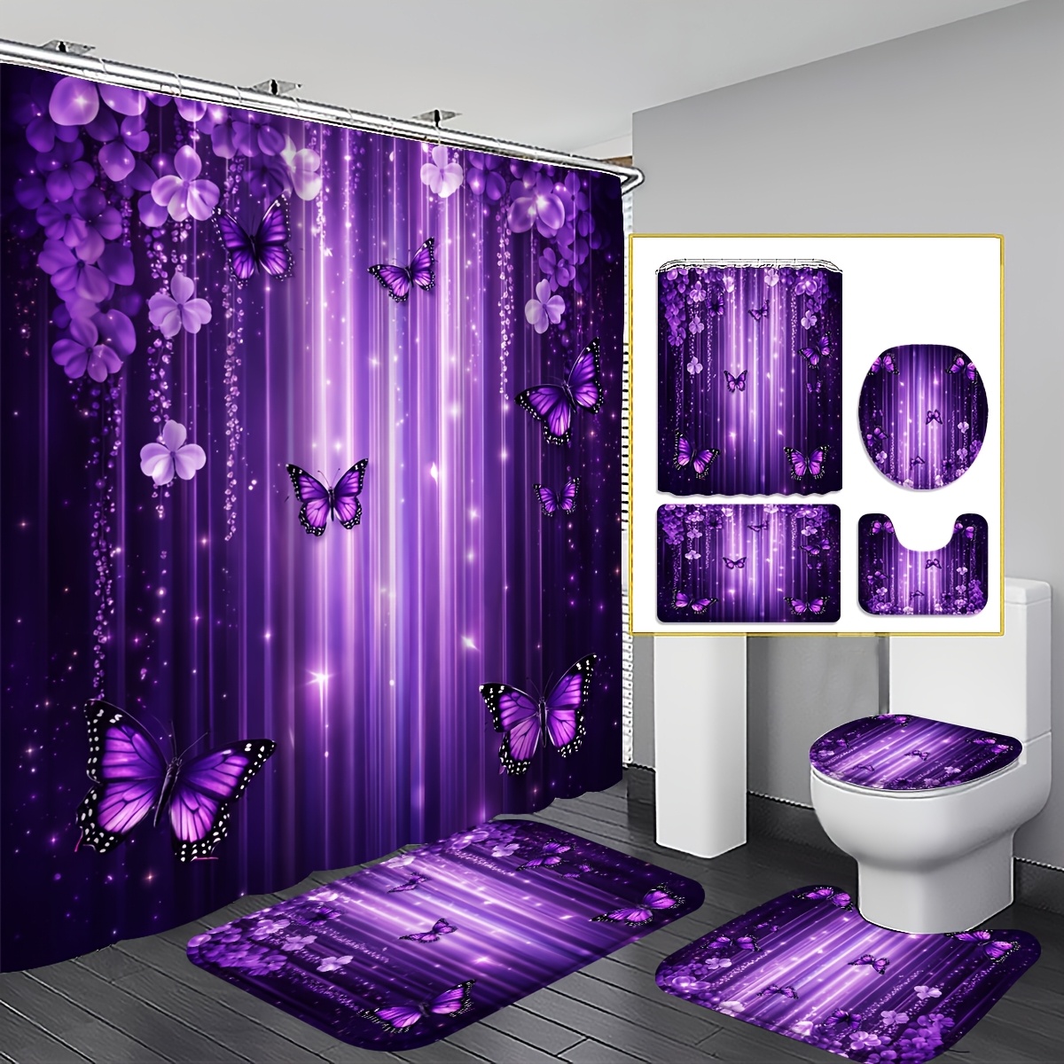 4pcs Purple & Door Curtain Shower Curtain Set, And Easy To Clean. Includes Bath Mat, U-shaped Mat, Toilet Lid Cover And 12 Hooks. , Romantic And Elegant Bathroom Decor.