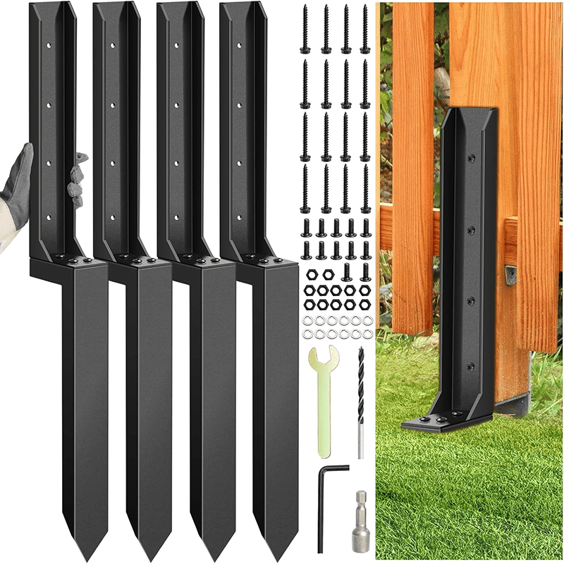 TEMU 4pcs/ Set Fence Post Repair Kit, Heavy Duty Fence Post Anchor Ground Stakes For , Broken Wooden Supports, Fence Post Anchor Ground Stakes, Black
