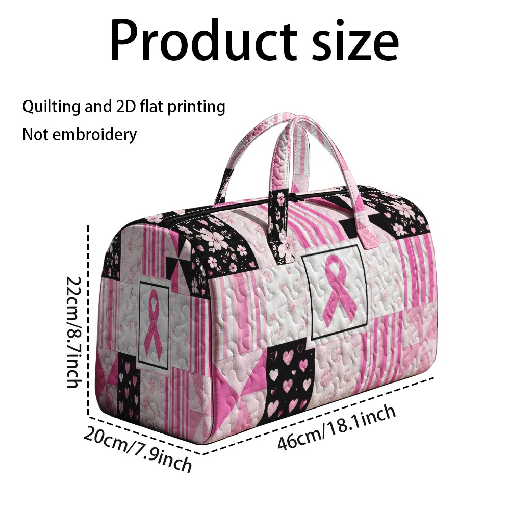 TEMU 2d Flat Printing 1pc, Quilted Tote Handbag With Breast Awareness Print, Camping Storage Bag For Travel & Outdoor Use, Foldable Lightweight
