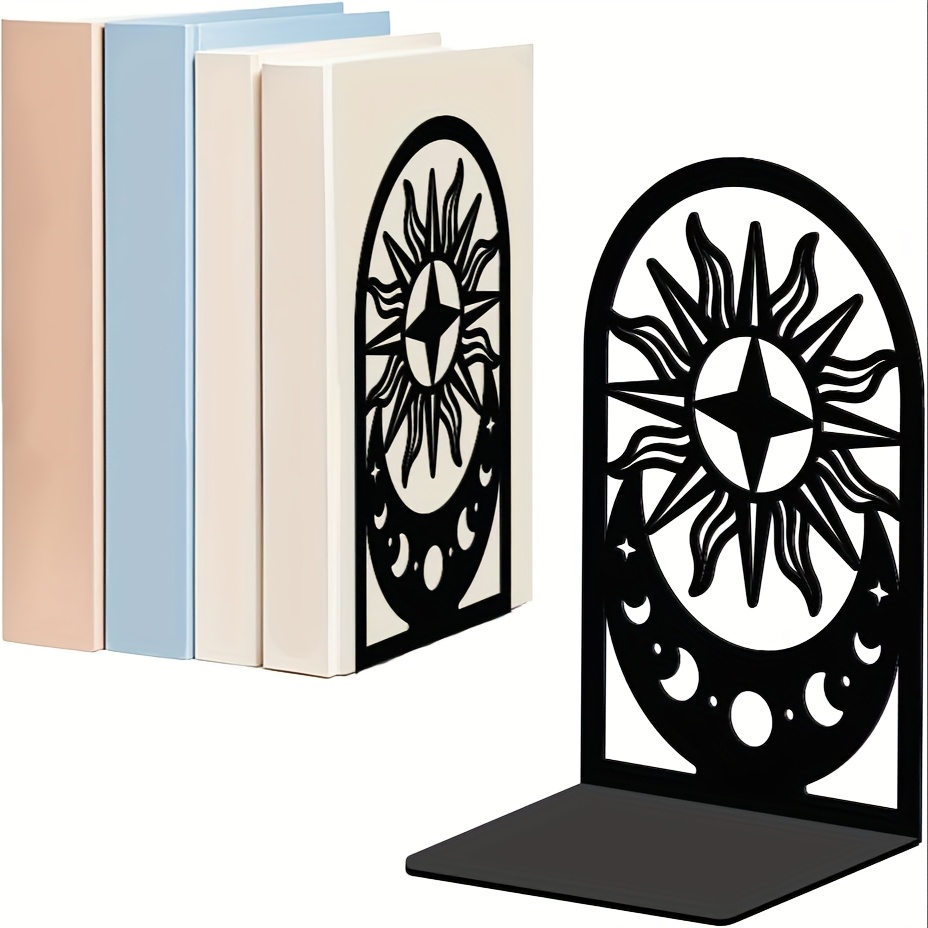 TEMU Decorative Acrylic Bookends, Designed As A Pair In Moon And Sun Shapes, Specifically For Bookshelves. Sturdy, Non-slip Book Holders Are Black
