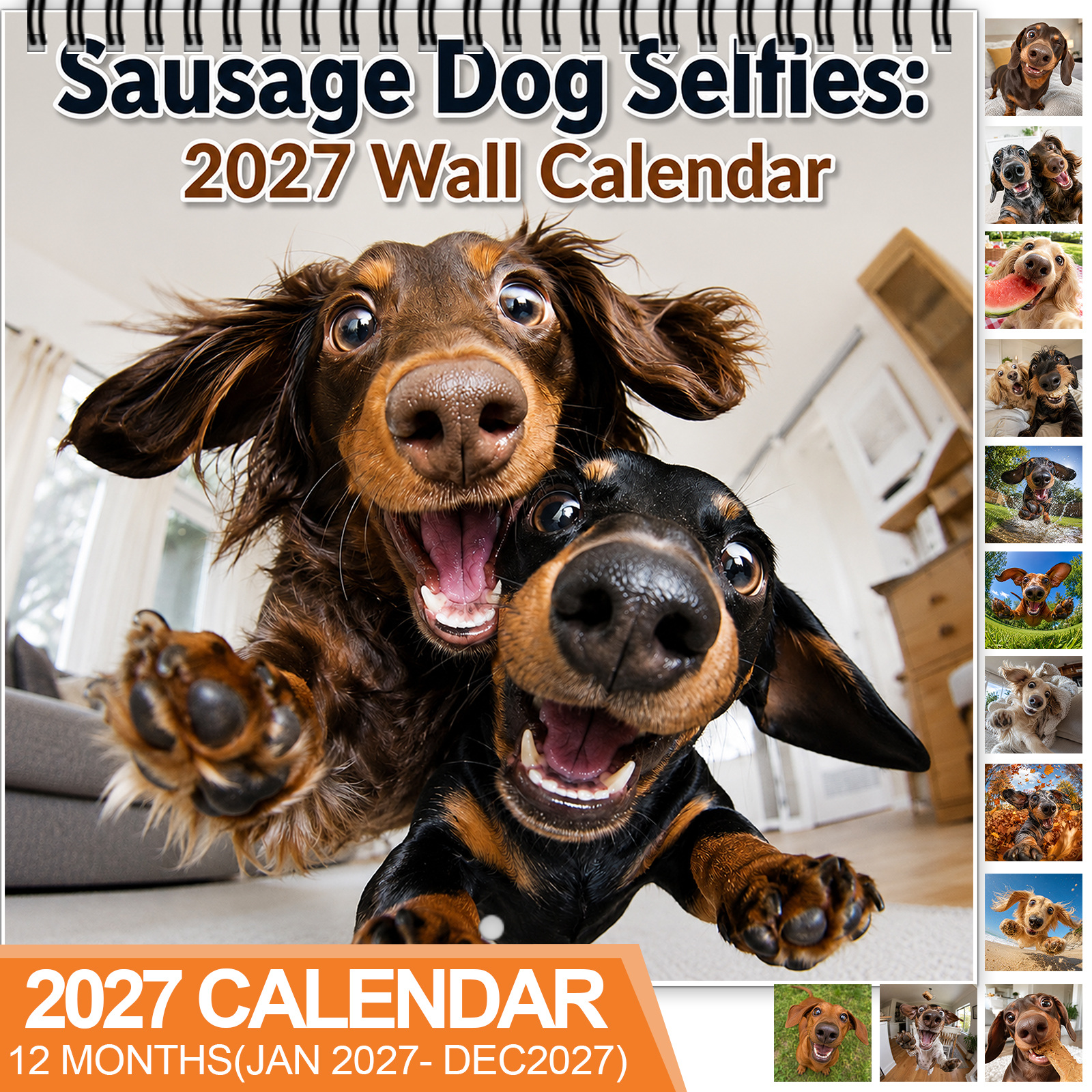 TEMU 1pc 2027 Dachshund Selfies Wall Calendar, Spiral-bound 12-month Calendar With Large Date Blocks, Featuring Funny Dachshund Wide Angle Selfie