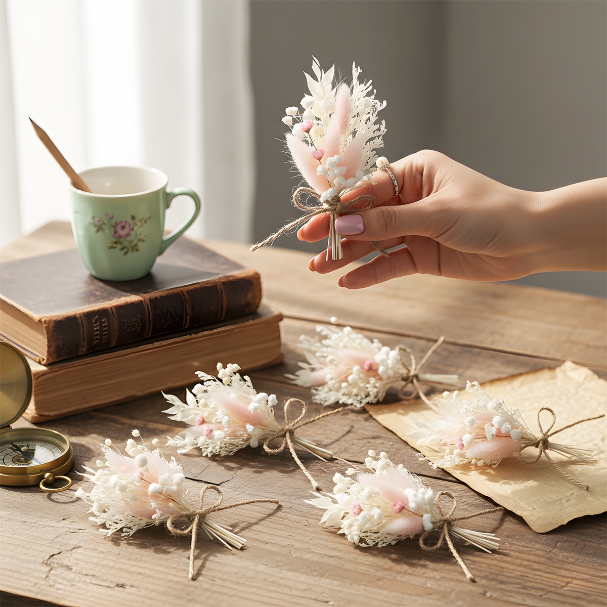Image of Set Of 4 Tiny Dried Flower Bouquets, Petite Dried Pampas Grass, Mini Dried Flowers For Crafting, Gift Box For Birthday Cake Bridesmaids, Card Envelope Adornment