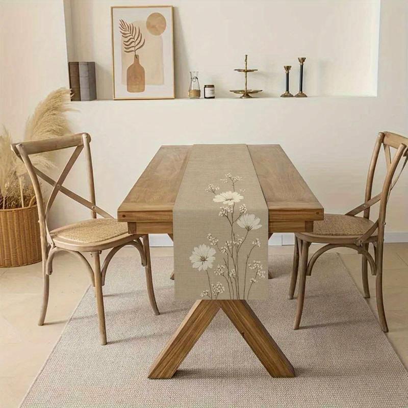 [3 tailles disponibles], chemin de table imprimé plat 2d, motif floral blanc  , tissu décoratif   de style naturel pour table à manger, convient à toutes  , printemps été automne hiver,   en cuisine, décoration de table, lavable en machine