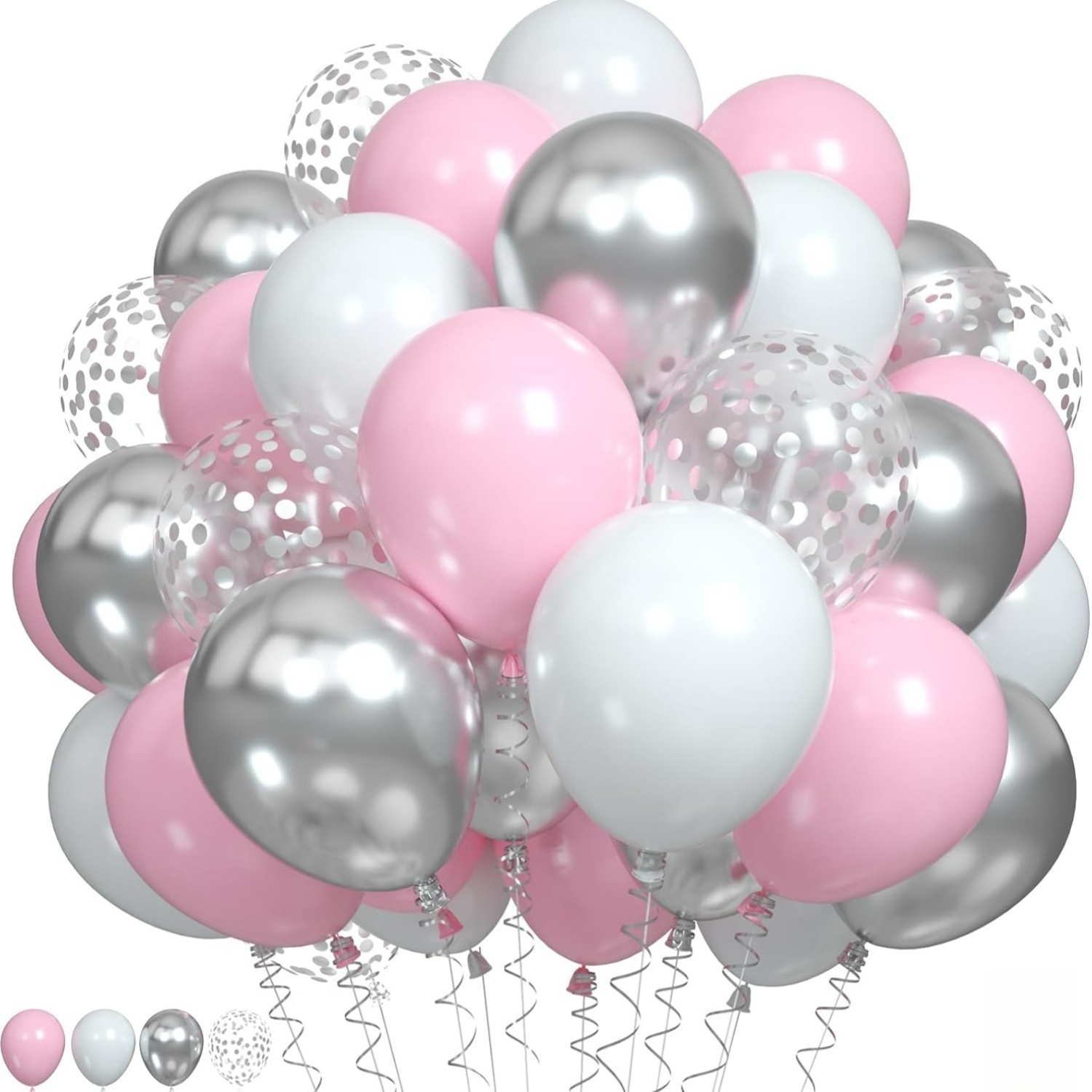 Image of 32pcs Pink And Silvery Balloons Pink White Balloon Metallic Silvery White Macaron Balloon Party Confetti Balloons For Birthday Bride Wedding Baby Shower Graduation, For Halloween, Christmas