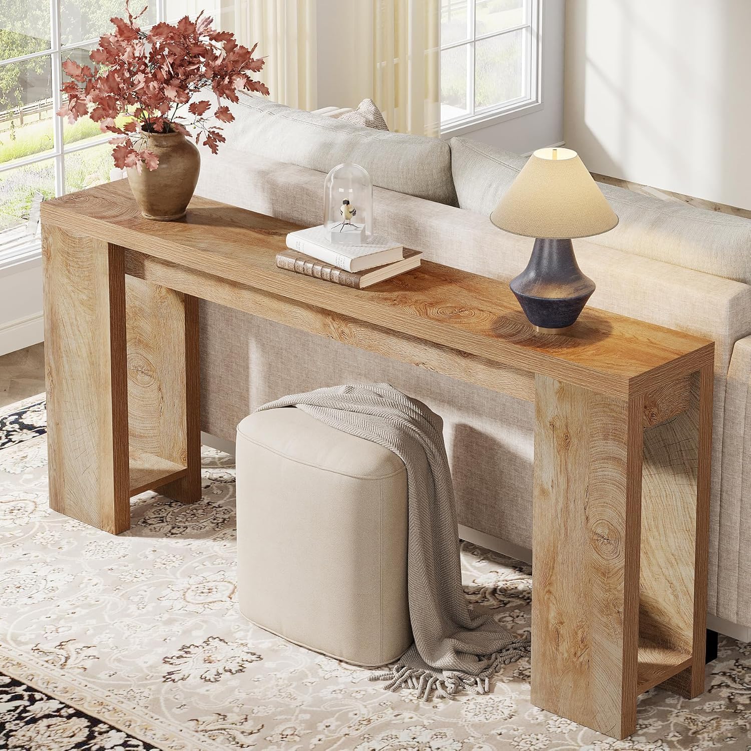 Console Table, 160 X X 85 Cm | Wooden Coffee Table In Country Style For Entrance, Hallway, Living Room, Light Oak Brown, Multifunctional, Wood Top, Metal Frame