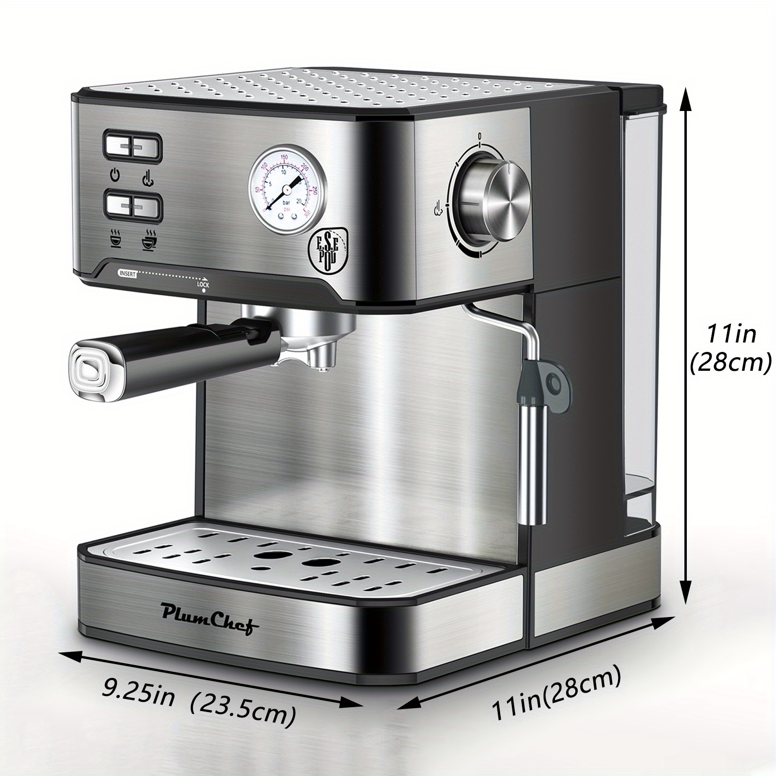 Plum Chef Espresso Machine, Made of Stainless Steel, Features a Dual-Brew Coffee System with a 54.1oz Water Reservoir, Includes Safety Mechanisms And Overpressure Protection, Perfect for Everyday Use at for Home