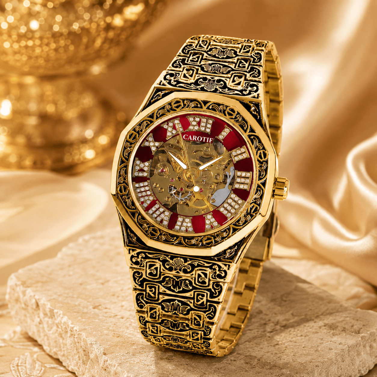 Image of 1pc Men's Retro Hollow Mechanical Watch With Red Dial, Roman Markers & Vintage Patterns, Stylish For Business & Casual Wear, Ideal Gift
