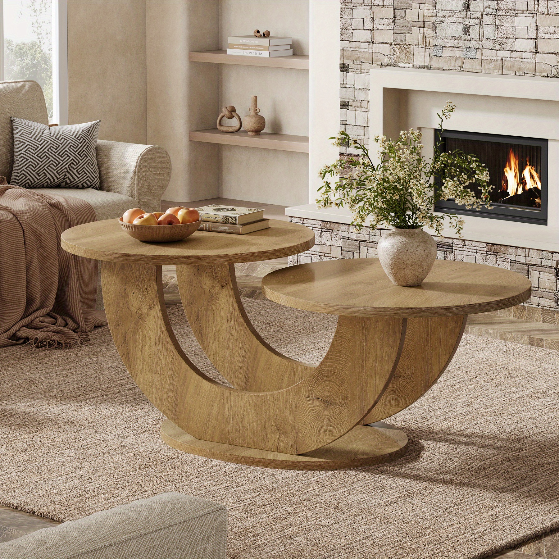 Round Living Room Coffee Table, 2-tier Farmhouse Coffee Table With U-shaped Frame, Low Accent Center Cocktail Table For Home, Apartment, Natural