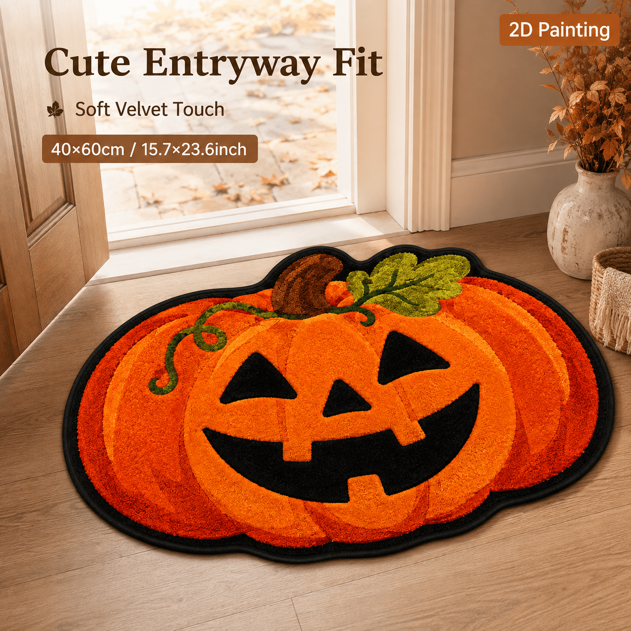 TEMU 1pc 2d Velvet Doormat, 850g/m², Pumpkin-shaped With Halloween Jack-o'-lantern Face Print. Room, The Bed In The Bedroom, Or In The Bathroom.