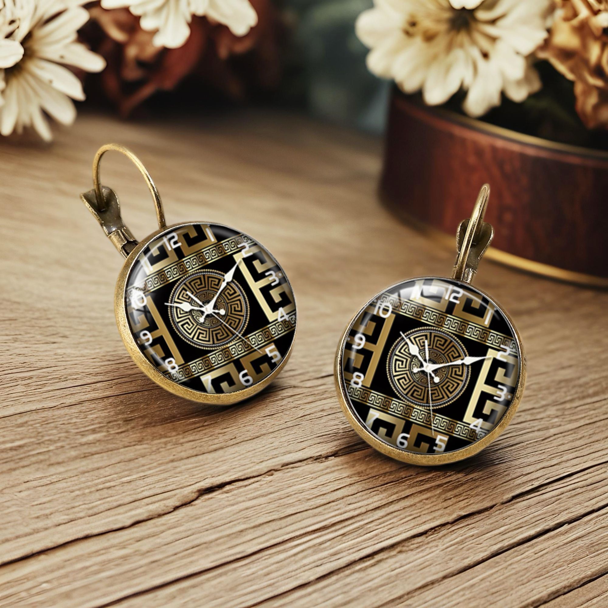 Neoclassical Greek-Style Mandala Clock Face Earrings