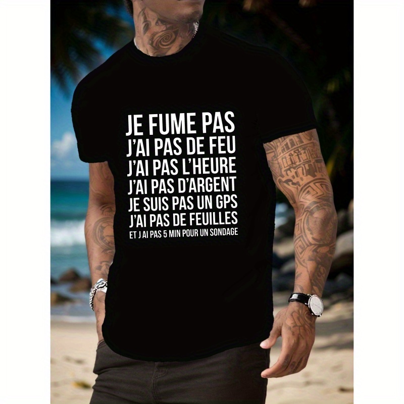 

T-Shirt Décontracté pour Homme avec Française - "Je Fume Pas" Amusant, Manches Courtes, Col Rond, Polyester, Lavable en Machine, Haut d'Été