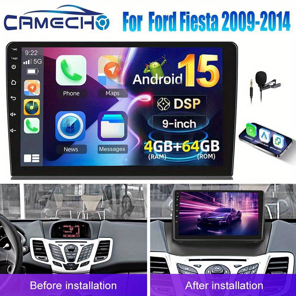 Camecho 8 Core 4g+64g 15.0 Dsp Car Stereo Radio For Ford 2009-2014 With Auto , 9 Inch Hd Ips Touch Screen Build-in Gps B/t Car Radio Wifi Ahd Backup Camera Mic