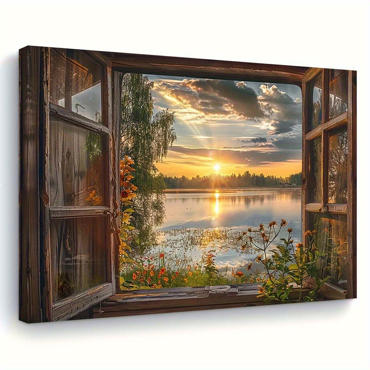 TEMU 1pièce Peinture sur toile encadrée - de fenêtre de ferme rustique avec volets - Art mural de paysage lacustre - Cadre en bois épais et toile de