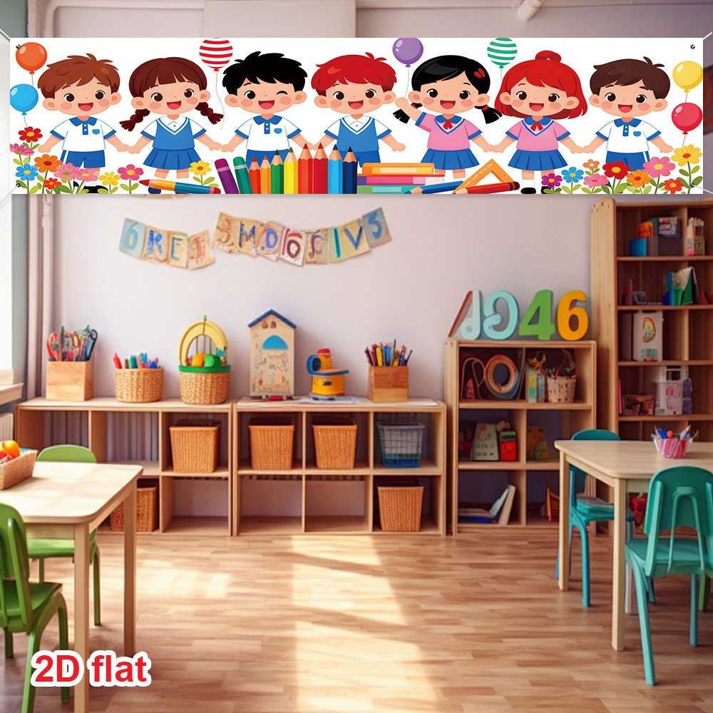 item picture 2d flat 2d flat 2d flat 2d flat 2d flat banner 1pc back to   party banner printed with student character patterns featuring stationery balloons flowers etc very suitable for school entrance classroom walls