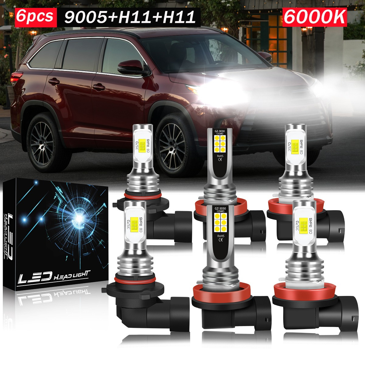 6pcs For Highlander 2014-2019, Led Headlight Bulbs, 9005 High Beam+h11 Low Beam+h11 Fog Lamp Bulbs, 6000k White Light, , Headlights Bulbs Replacement Parts