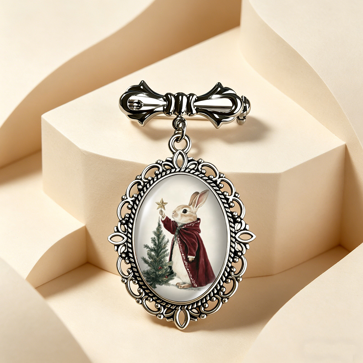 TEMU 1pc Broche Vintage Lapin de Noël Cabochon Ovale en Verre Nœud Broche Vêtements Sac à Dos Broches Pins Bijoux Cadeaux Fait Main