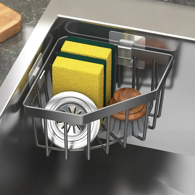 3pcs triangular sink draining rack set 1pc draining basket and 2pcs hooks kitchen countertop space saving organizer no drill easy clean
