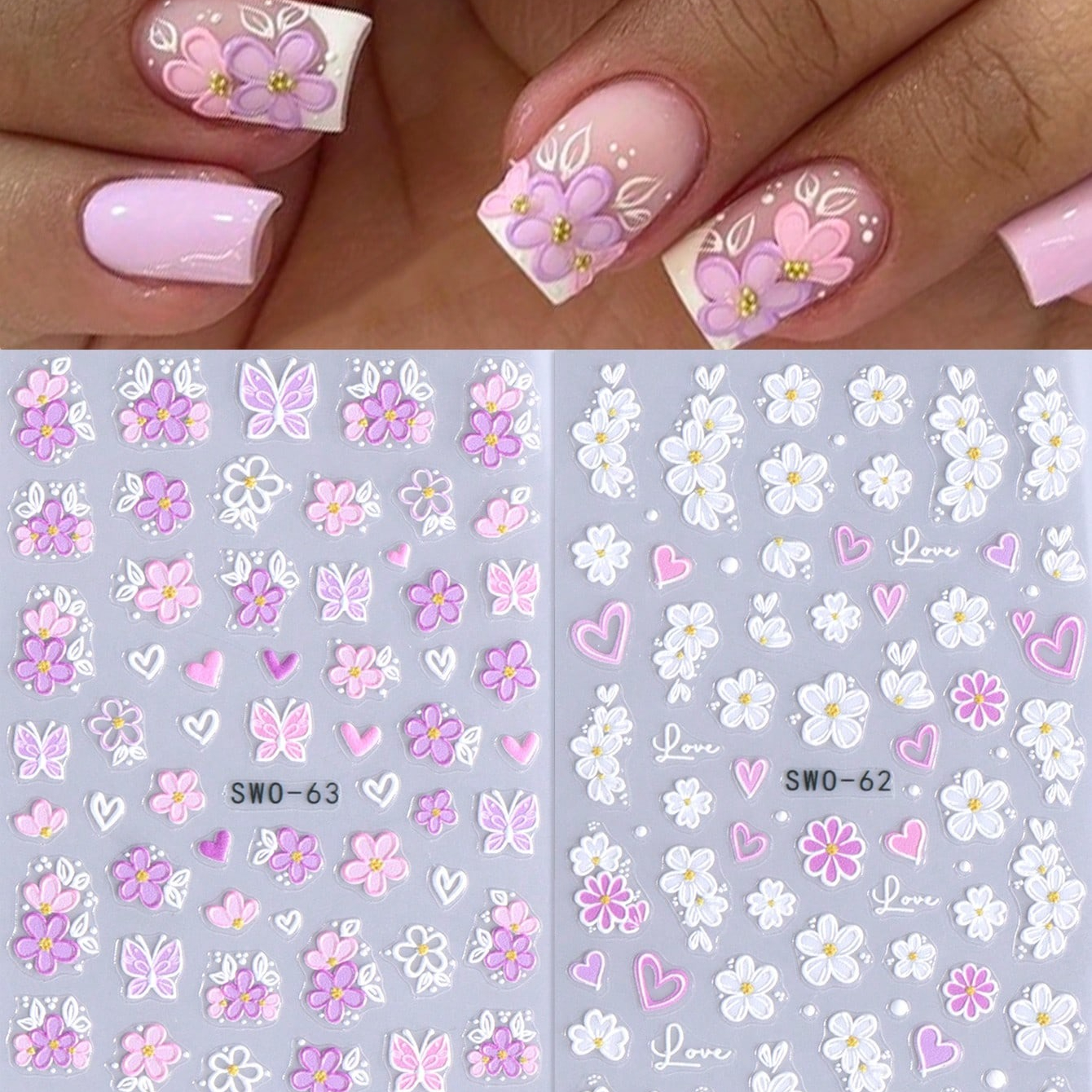 2pcs 5d Embossed Floral Nail Art Stickers, 3d Flower Heart Pattern Nail Decals, Suitable For Valentine's Day Nail Decoration, Spring Nail Art Supplies